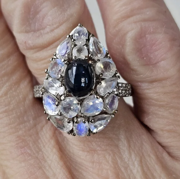 Natural Blue Star Sapphire & Moonstone Ring Platinum Sterling Silver Sz 8! - Picture 7 of 7